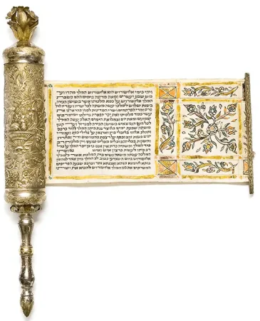 Μεγιλλά, Κύλινδρος της Εσθήρ, με υδροχρώματα σε ασημένια θήκη με έκτυπη και εγχάρακτη διακόσμηση, 19ος -20ός αιώνας, Ιωάννινα © Συλλογή Judaica